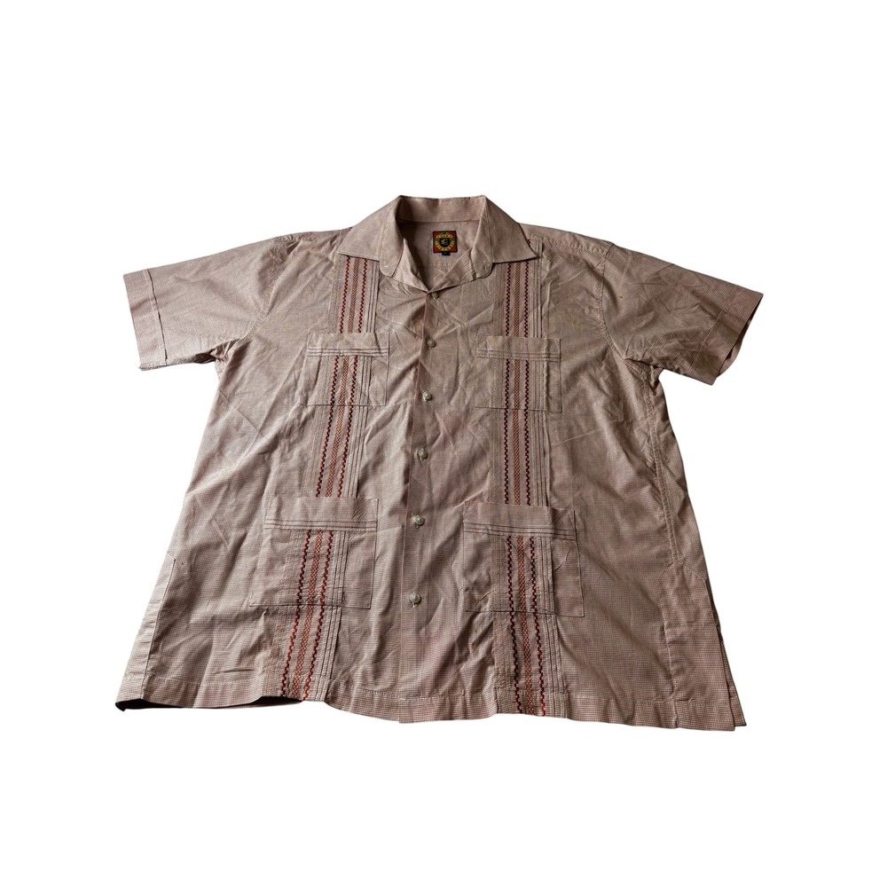 San Cristobal Mens Guayabera Shirt Large Terracotta Check Embroidered Cotton L - Picture 2 of 8